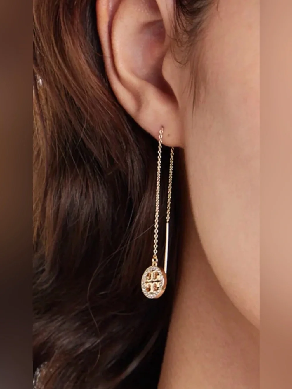 Tory Burch Gold Icon Pavé Diamond Threader earrings dangles